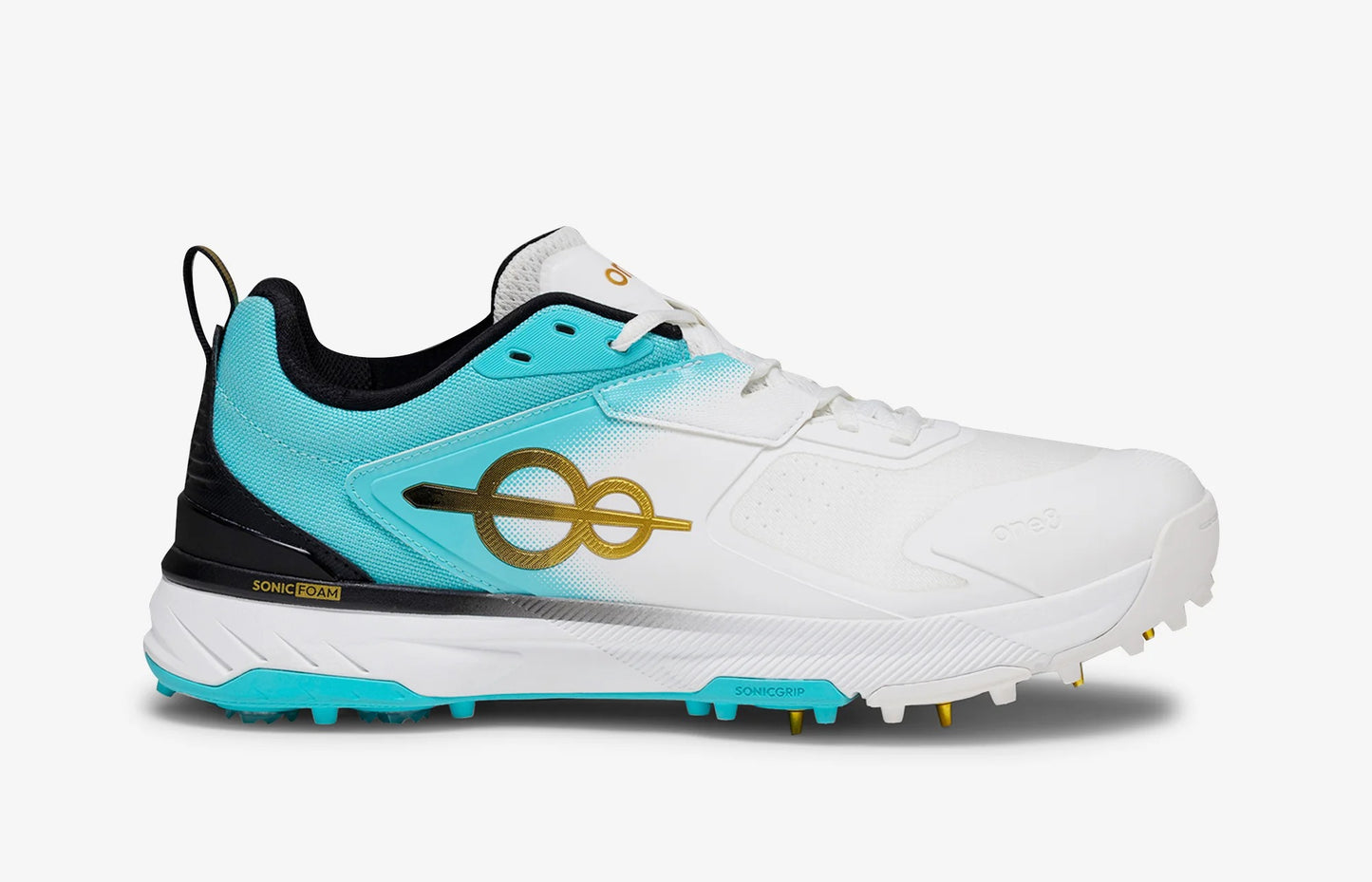 Woxxel Men's Premium White & Aqua Cricket Shoes with Metal Spikes | Lightweight Professional Sports Shoes | High-Grip Performance Footwear