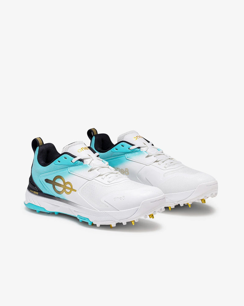 Woxxel Men's Premium White & Aqua Cricket Shoes with Metal Spikes | Lightweight Professional Sports Shoes | High-Grip Performance Footwear