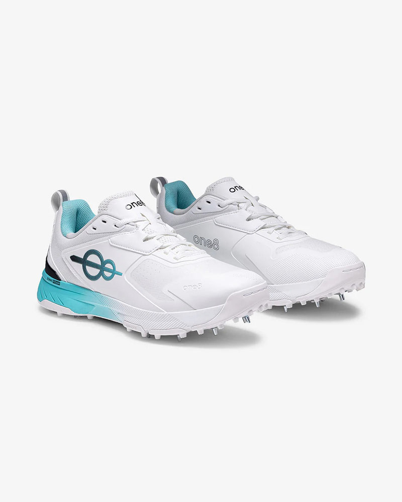 Woxxel Men's Premium White & Aqua Cricket Shoes with Metal Spikes | Lightweight Professional Sports Shoes | High-Grip Performance Footwear